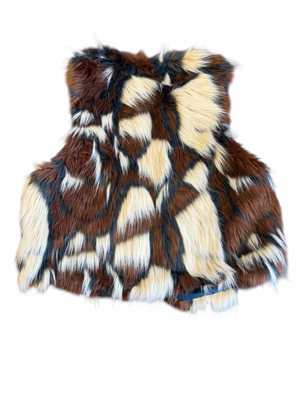 Flying Tomato Faux Fur Patchwork Vest Brown Cream Size S - Picture 2 of 7